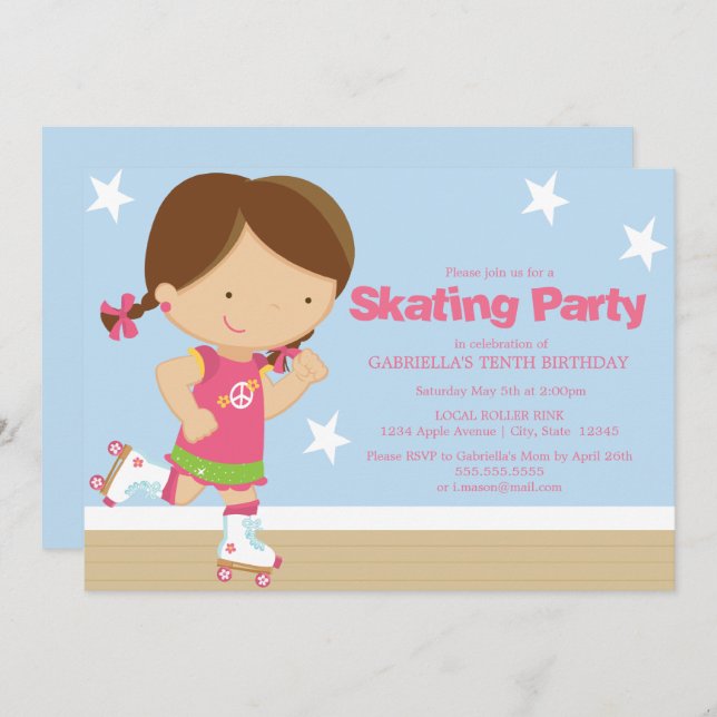 Skating Party | Brunette girl Invitation (Front/Back)
