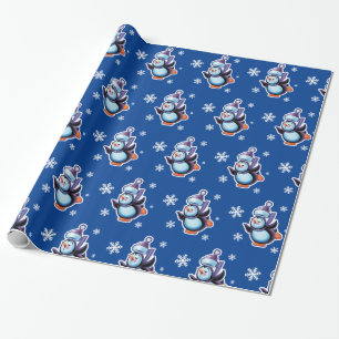 Skating penguin glossy midnight blue. wrapping paper