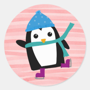 Skating Penguin Round Stickers