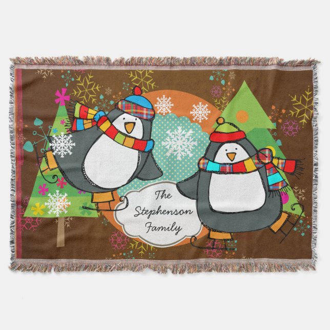 Skating Penguins and Christmas Trees Holiday Throw (Front)