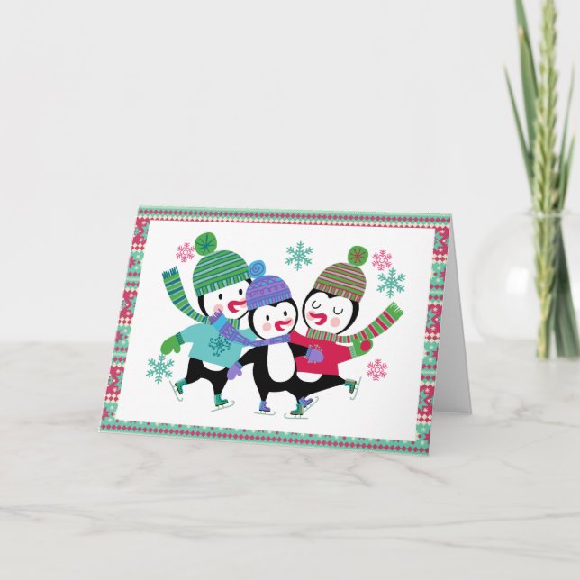 Skating Penguins Holiday Greeting Card (Front)