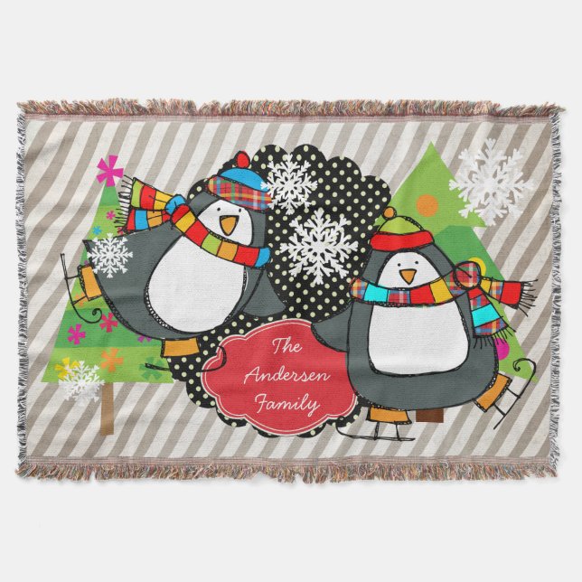Skating Penguins Personalised Holiday Throw Blanket (Front)