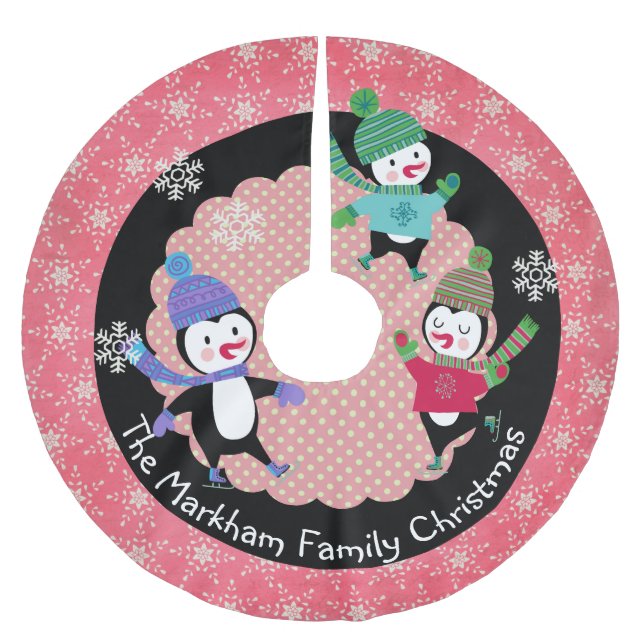 Skating Penguins Personalised Holiday Tree Skirt (Front)