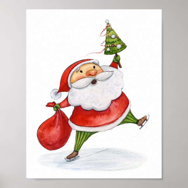Skating Santa Cute Christmas watercolor drawing Poster (Front)