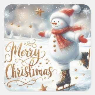 Skating Snowman Merry Christmas Square Sticker