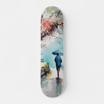 Skating with Woman Under Rain in Watercolor Art