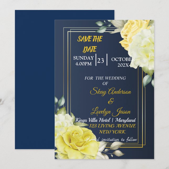 Skaymarts | Unique Navy Blue Floral  Save The Date (Front/Back)