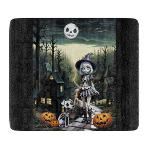 Skele Girl And Her Pup In Moonlight Cutting Board