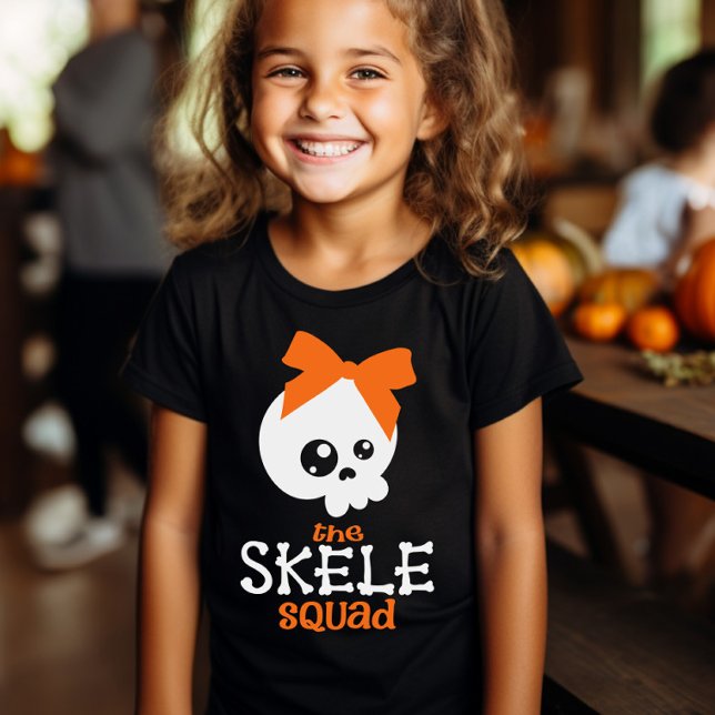 Skele Squad Bow Halloween Family Kids Matching  T-Shirt (Skele Squad Matching Family Halloween shirts - Kids with bow)