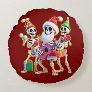 **Skeleton 3D Christm Santa Party – Funnyas Skelet Round Cushion