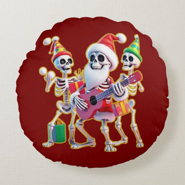 **Skeleton 3D Christm Santa Party – Funnyas Skelet Round Cushion (Front)