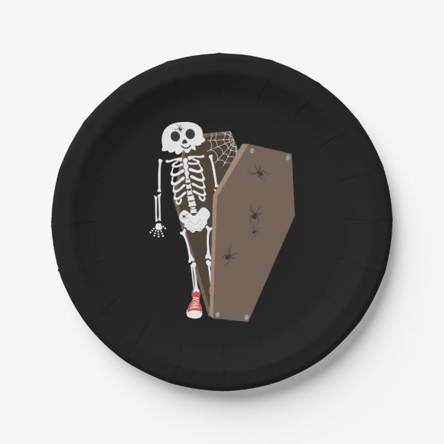 Skeleton and Coffin Halloween Design Paper Plate (Front)