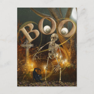 Skeleton and Grave Halloween Postcard