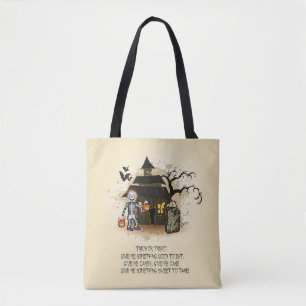 Skeleton and Halloween Haunted House Tote Bag