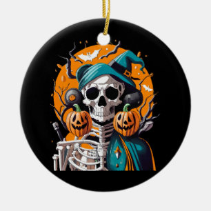 Skeleton and pumpkin ceramic tree decoration