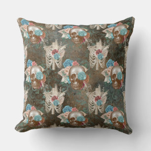 Skeleton and Skull with Roses Cushion