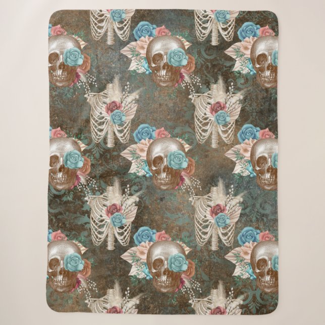Skeleton and Skull with Roses Sherpa Blanket (Front)