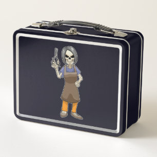 Skeleton as Hairdresser with Scissors Metal Lunch Box
