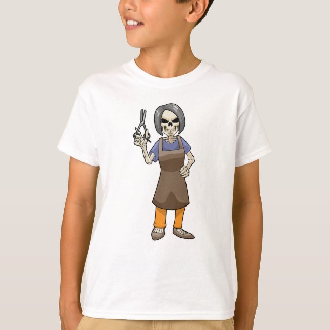 Skeleton as Hairdresser with Scissors T-Shirt (Front)