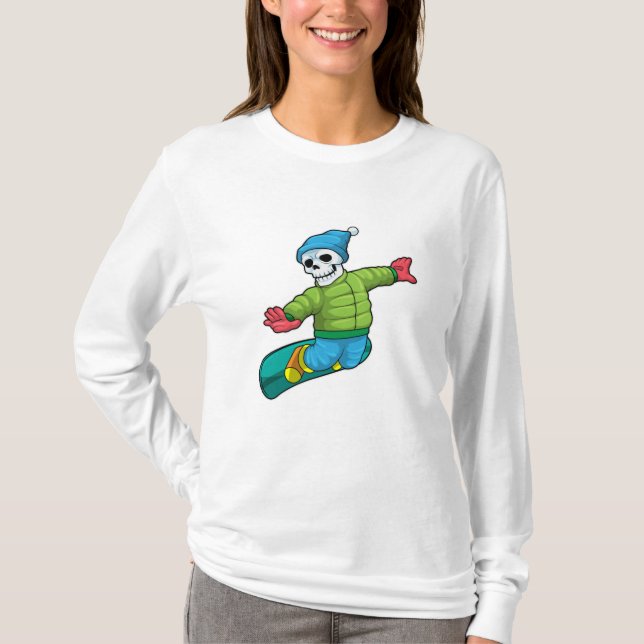 Skeleton as Snowboarder with Snowboard T-Shirt (Front)