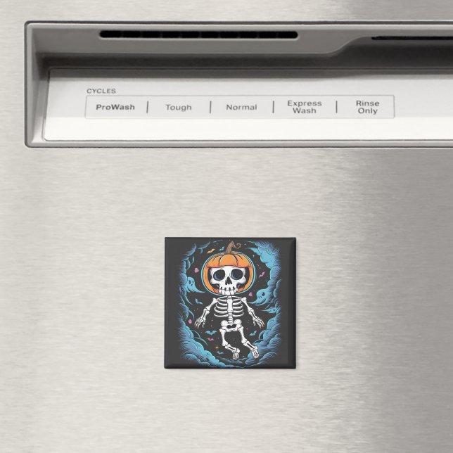 skeleton astronaut wears a pumpkin magnet (In Situ (Dishwasher))