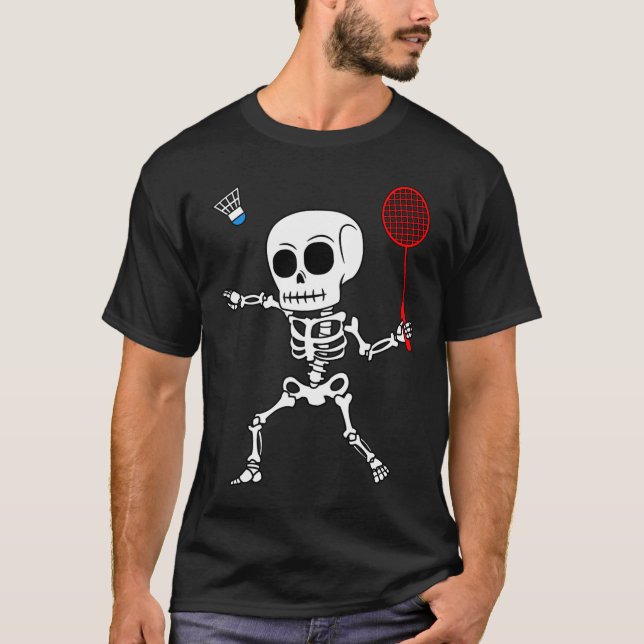 Skeleton Badminton Halloween Smash Shuttle Easy Co T-Shirt (Front)