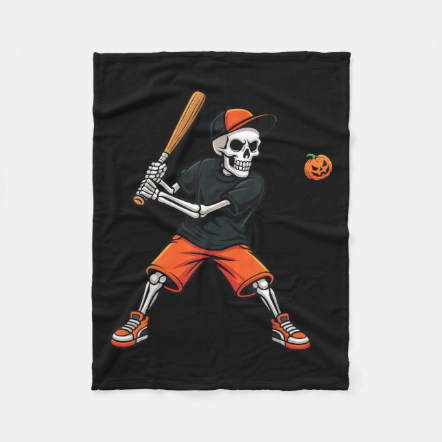 Skeleton Batting Pumpkin Baseball Halloween Costum Fleece Blanket (Front)
