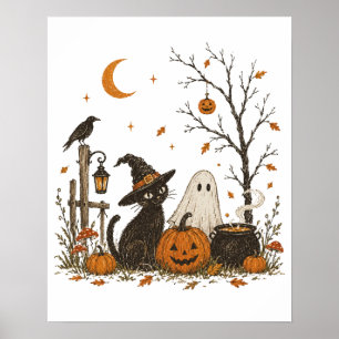 Skeleton Beekeeper Halloween Black Cat Bees Poster