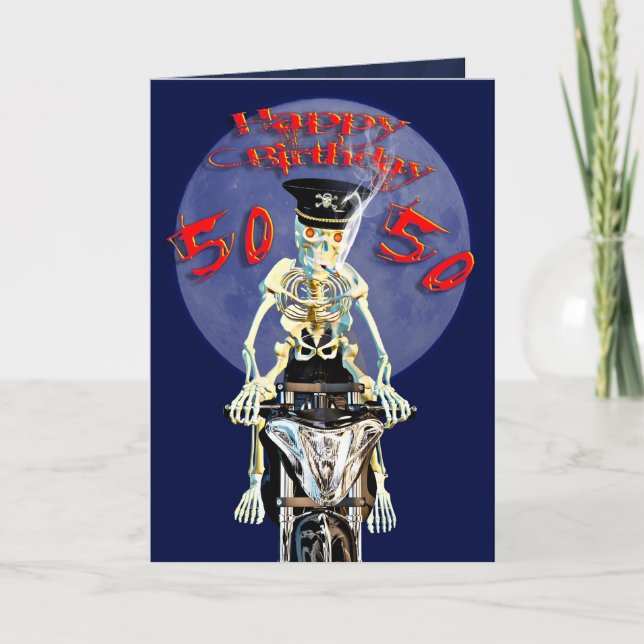 Skeleton biker 50th birthday card (Front)
