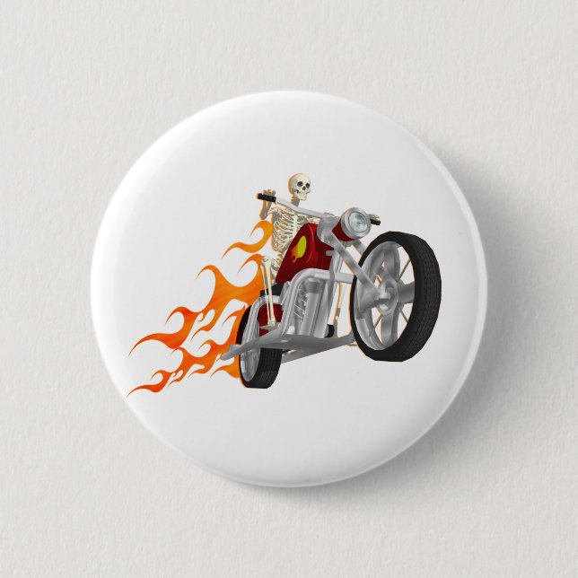Skeleton Biker & Flames: 6 Cm Round Badge (Front)