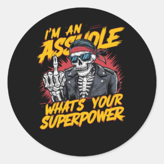 Skeleton biker Illustration with Slogans vintage Classic Round Sticker