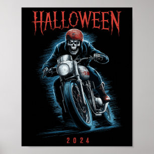 Skeleton Biker On Motorcycle Halloween 2024 Spooky Poster