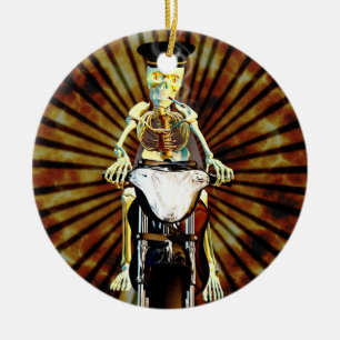 Skeleton biker smoking a cigarette ceramic tree decoration