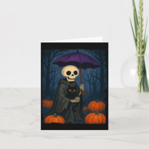 Skeleton Black Cat Purple Umbrella Pumpkin Card