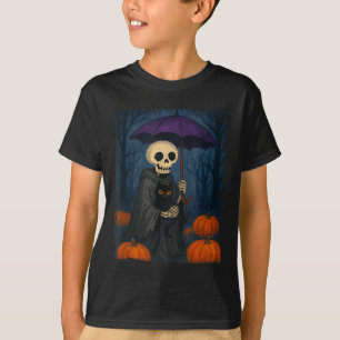 Skeleton Black Cat Purple Umbrella Pumpkin Hallowe T-Shirt