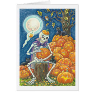SKELETON, BLACK CATS CARVING PUMPKIN GREETING CARD