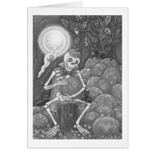 SKELETON, BLACK CATS CARVING PUMPKIN GREETING CARD