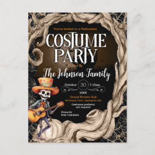 Skeleton Black Halloween Costume Party Invitation Postcard