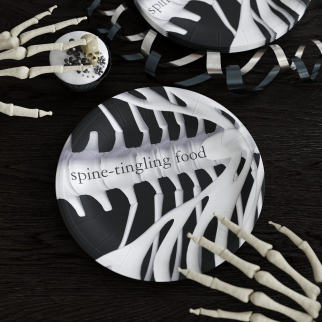 Skeleton Bones Spine Black White Halloween Party Paper Plate (Creator Uploaded)