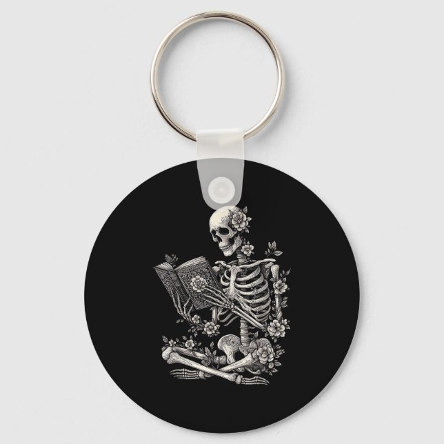 Skeleton Book Floral Skull Halloween Teacher Costu Key Ring (Front)