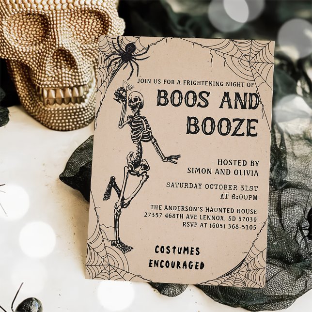 Skeleton Boos & Booze Adult Halloween Party  Invitation (Creator Uploaded)
