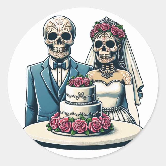 Skeleton Bride And Groom Wedding day of dead Art  Classic Round Sticker (Front)