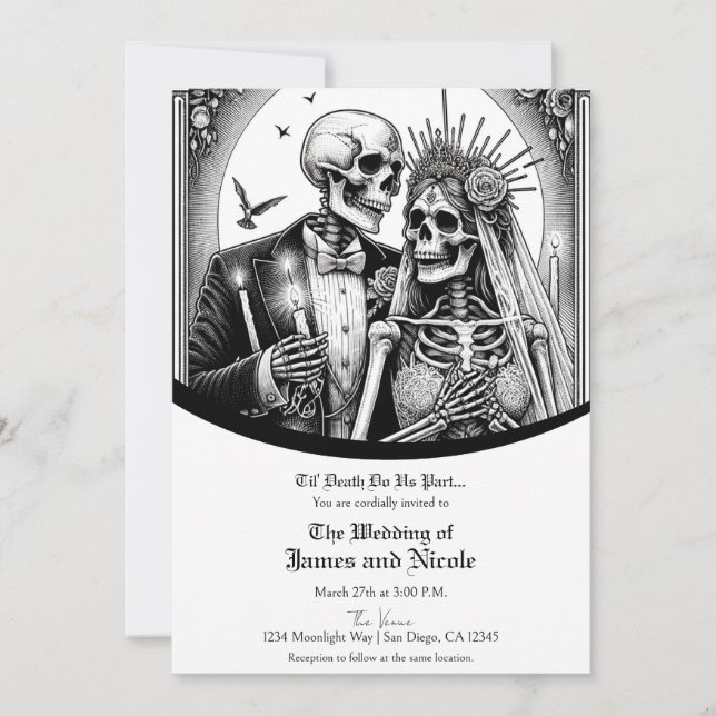 Skeleton Bride & Groom Black White Vintage Wedding Invitation (Front)
