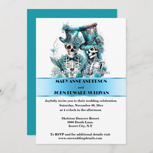 Skeleton bride groom formal blue white wedding invitation (Front/Back)