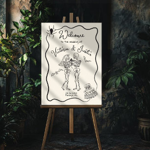 Skeleton bride groom hand drawn Wedding Welcome Poster