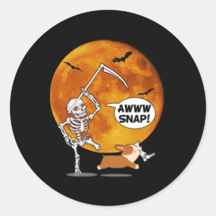 Skeleton Broken Leg Halloween Corgi Reaper Scythe  Classic Round Sticker