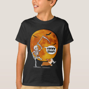 Skeleton Broken Leg Halloween Corgi Reaper Scythe T-Shirt