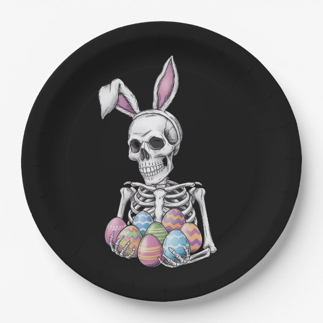 Skeleton Bunny Holding Easter Eggs Funny Rabbit Paper Plate (Front)