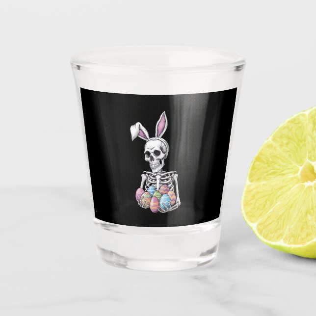 Skeleton Bunny Holding Easter Eggs Funny Rabbit Shot Glass (Front)