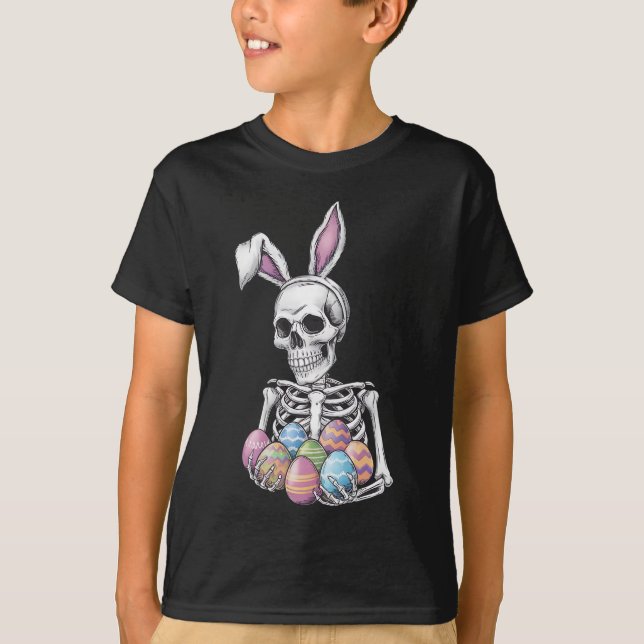 Skeleton Bunny Holding Easter Eggs Funny Rabbit T-Shirt (Front)